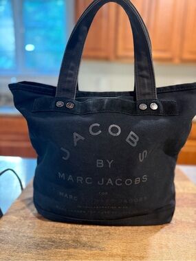 Marc Jacobs Black Canvas Messenger Tote with Logo Front